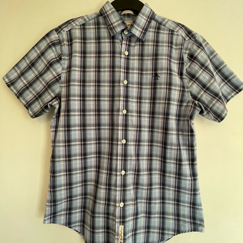Original Penguin S/S shirt. Sz Small. Color: Navy Blue, Lt. Blue, Purple, White